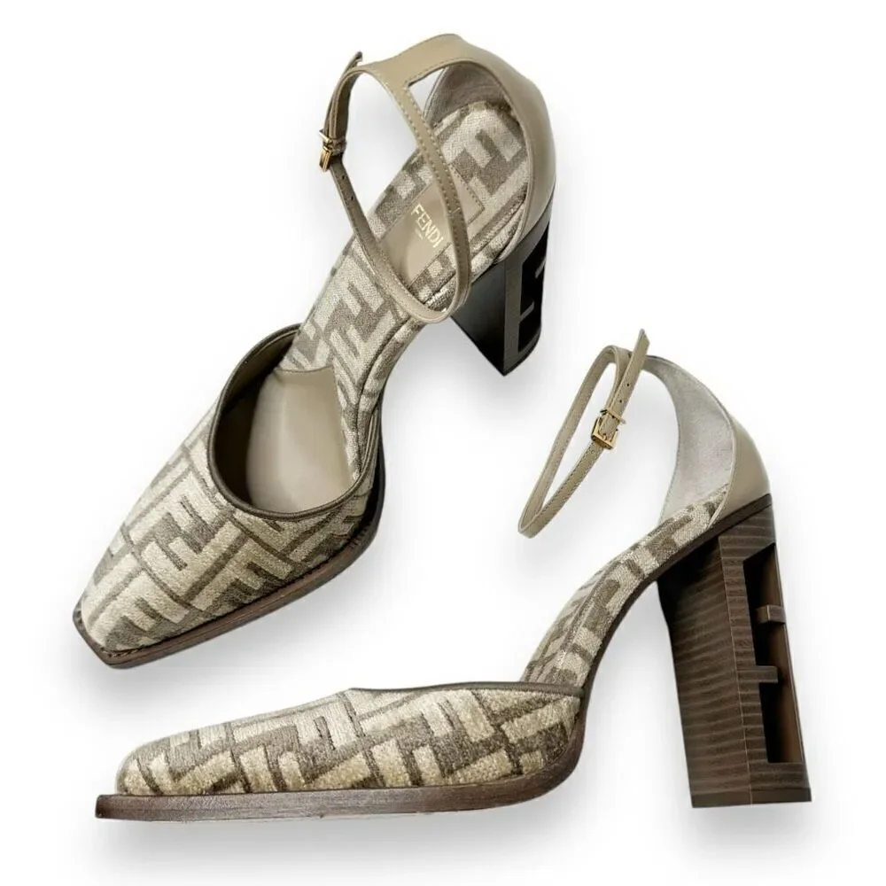 Fendi Monogram Jacquard FF-Logo Print Pointed Toe Ankle Strap High Heel Size 41 - Picture 6 of 13